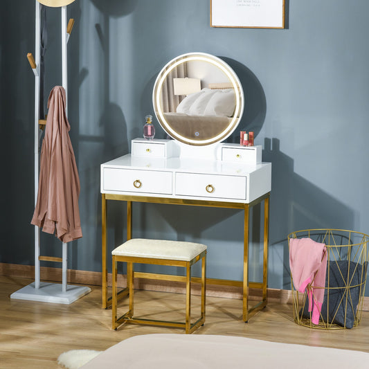 HOMCOM Makeup Vanity Table Set with 3-Color Touch Screen Lighted Mirror, Dressing Desk with 4 Drawers and Cushioned Stool, White | Aosom Canada