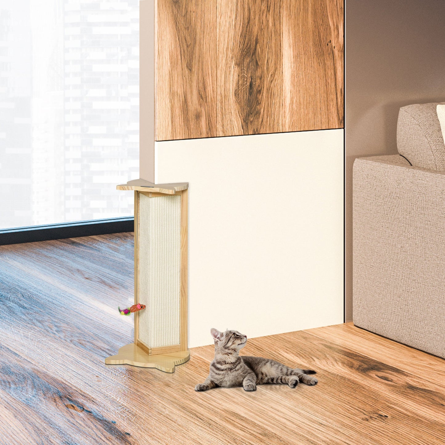 PawHut Cat Scratching Pad, Cute Cat Scratcher with Hanging Funny Toy, 90° Angle for Wall Table Corners, Natural | Aosom Canada