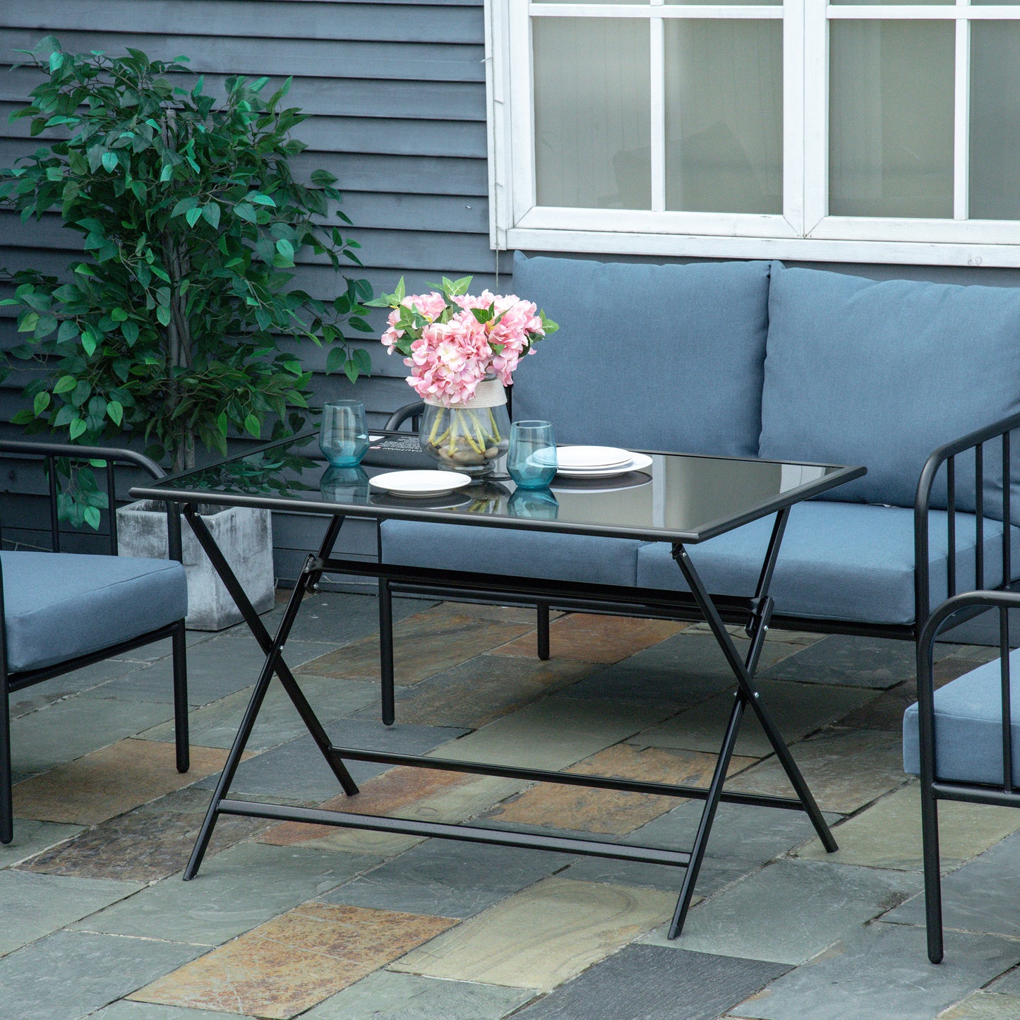 Outsunny Folding Patio Dining Table for 6, Rectangle Glass Outdoor Table w/ Umbrella Hole for Garden Lawn Backyard | Aosom Canada