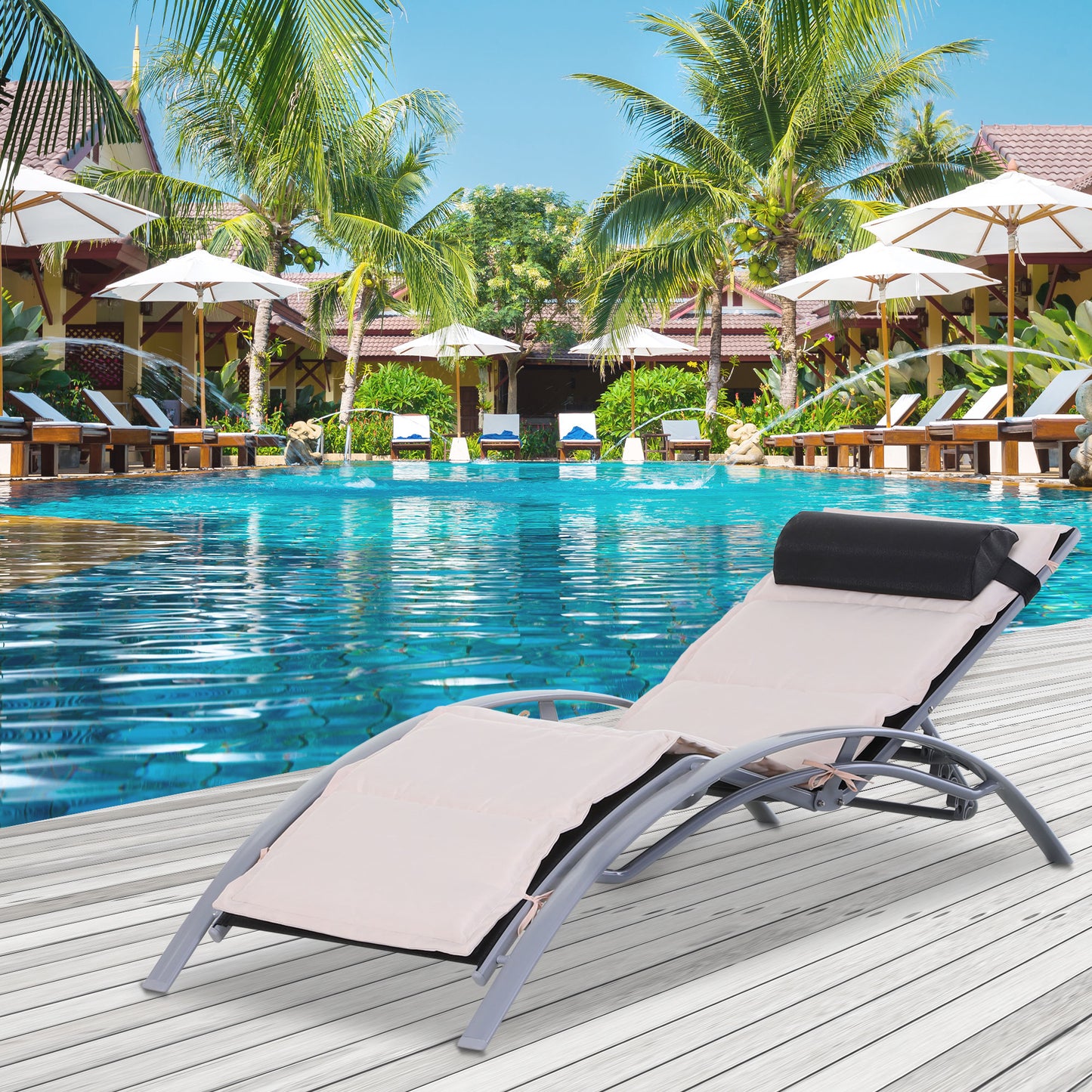 Outsunny Adjustable Patio Reclining Outdoor Chaise Lounge Chair with Cushion and Padded Pillow (Beige) | Aosom Canada