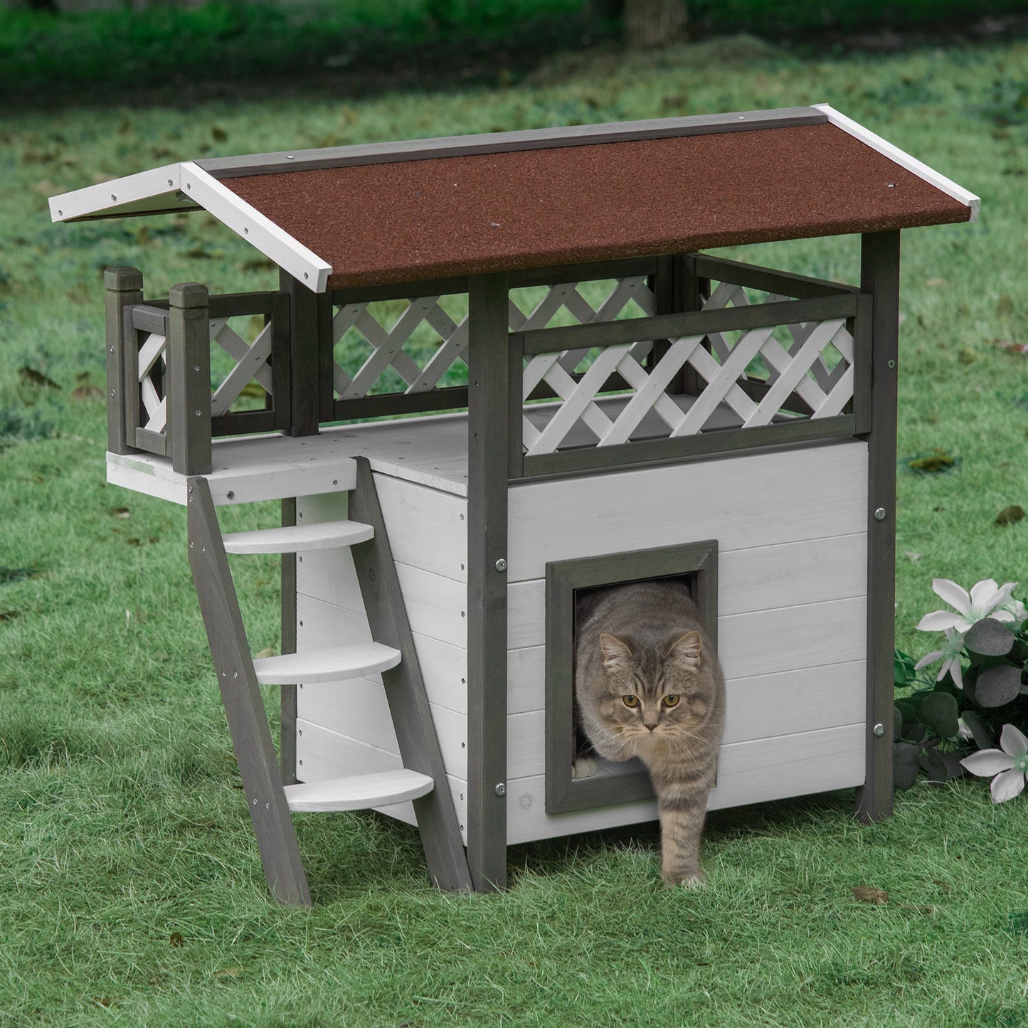 PawHut Outdoor Cat House, 2-Story Shelter for Feral Cats, Wooden Kitten Condo with Asphalt Roof, Stairs, Balcony, 30" x 20" x 29" | Aosom Canada