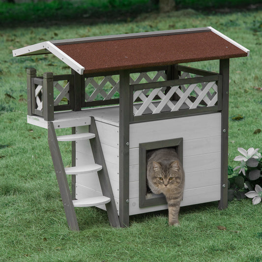 PawHut Outdoor Cat House, 2-Story Shelter for Feral Cats, Wooden Kitten Condo with Asphalt Roof, Stairs, Balcony, 30" x 20" x 29" | Aosom Canada