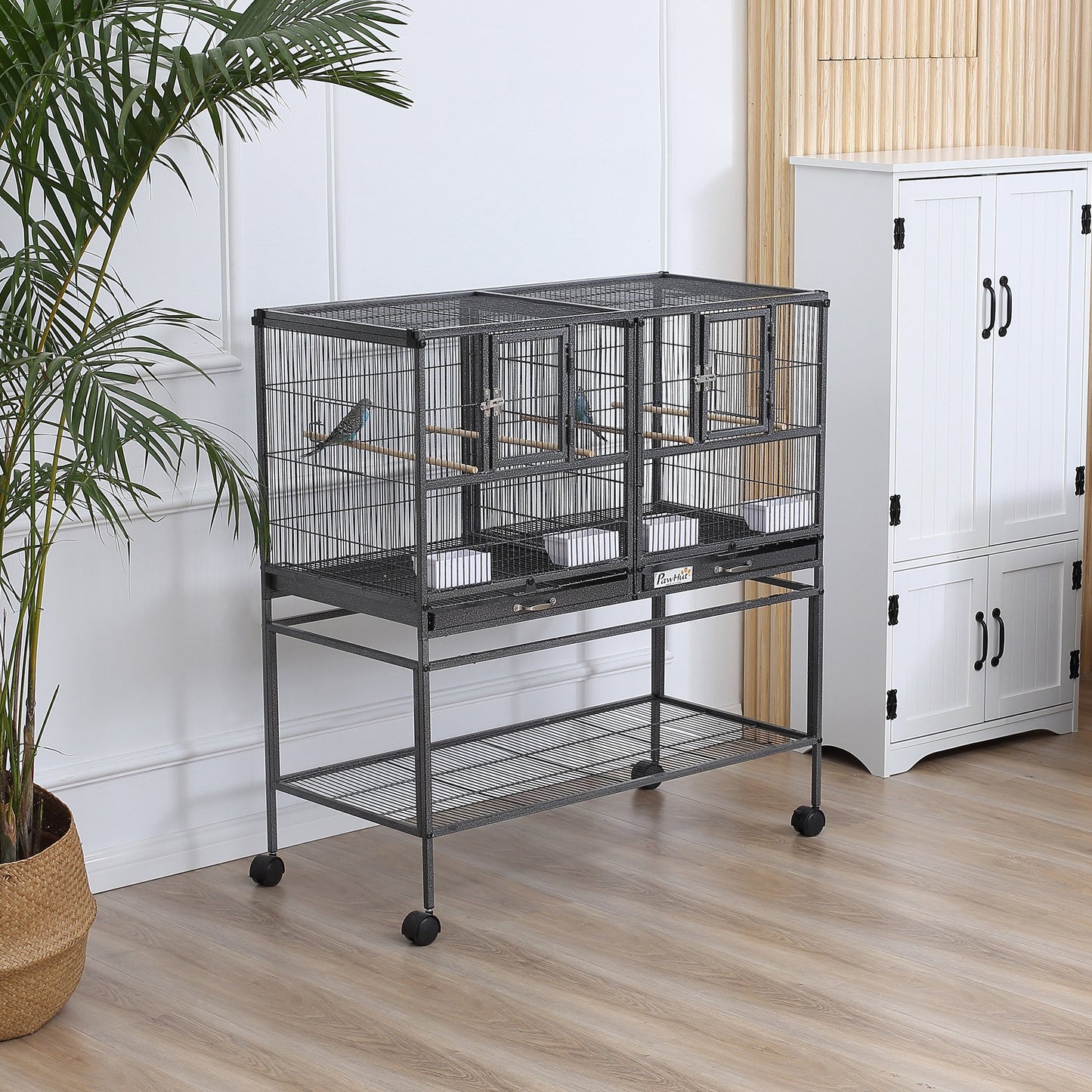 PawHut Large Double Rolling Metal Bird Cage Bird House with Removable Metal Tray, Storage Shelf, Wood Perch, Food Container | Aosom Canada