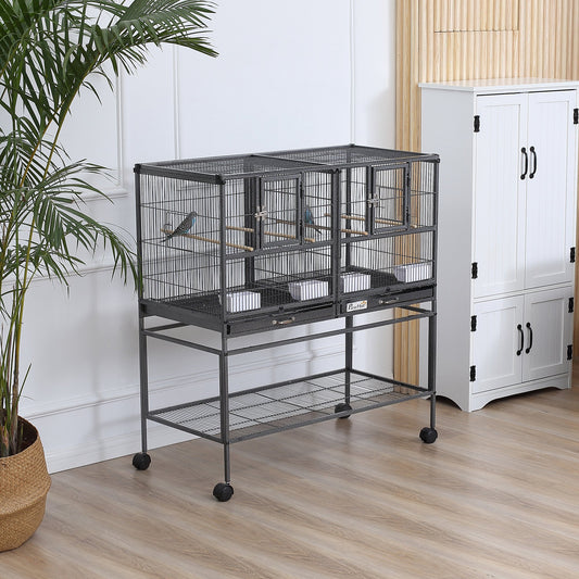PawHut Large Double Rolling Metal Bird Cage Bird House with Removable Metal Tray, Storage Shelf, Wood Perch, Food Container | Aosom Canada