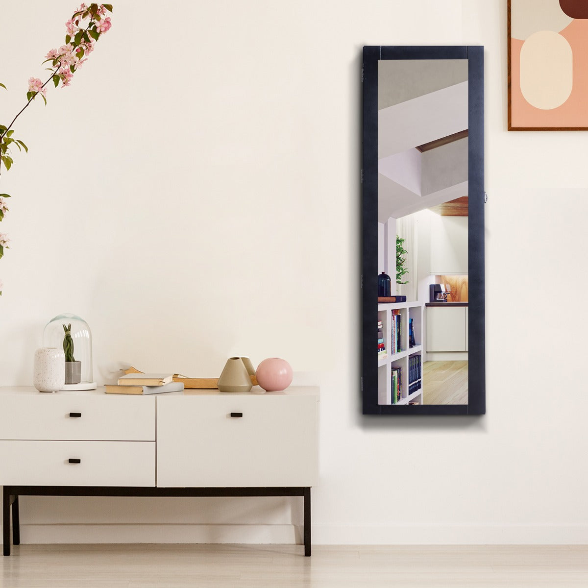 HOMCOM White Mirrored Jewelry Cabinet Hanging Wall Mount Real Glass Mirror Locked Black | Aosom Canada