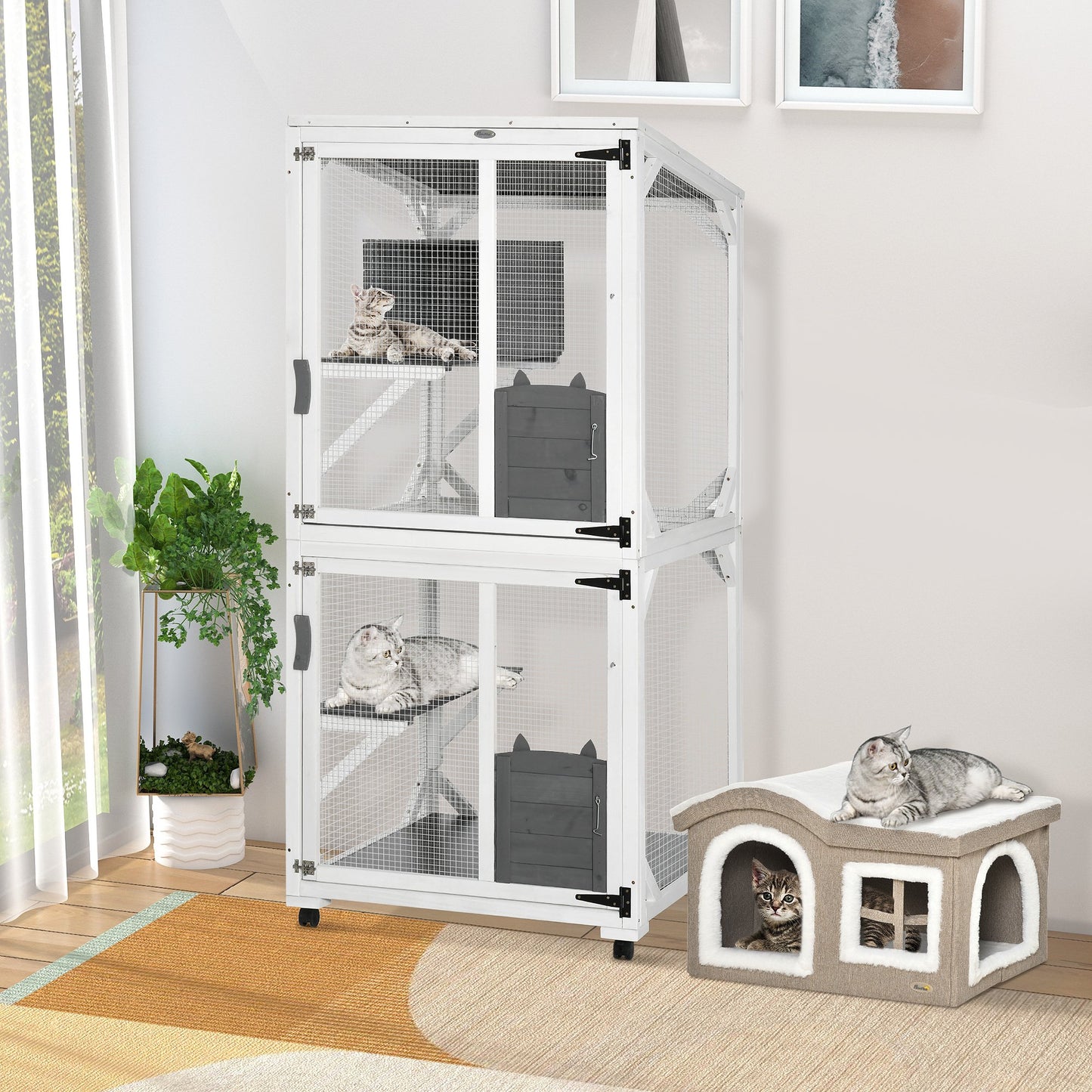 PawHut Outdoor Cat House, Large Catio Wooden Kitten Enclosure Elevated Design, with Wheels, Resting Box, Multi Platforms, for 1-3 Cats | Aosom Canada