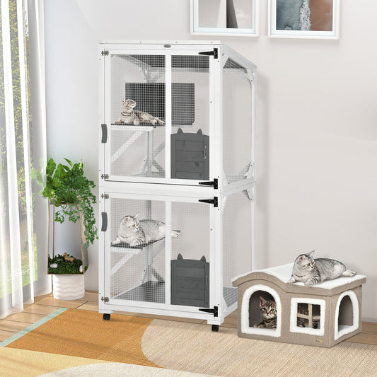 PawHut Outdoor Cat House, Large Catio Wooden Kitten Enclosure Elevated Design, with Wheels, Resting Box, Multi Platforms, for 1-3 Cats | Aosom Canada