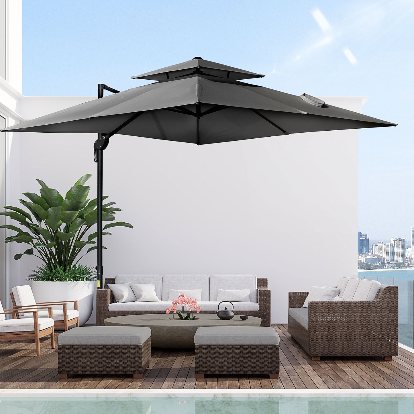 Outsunny 10' x 10' Patio Umbrella Outdoor Square Cantilever Offset Umbrella Aluminum with 360° Rotation, Charcoal Grey | Aosom Canada