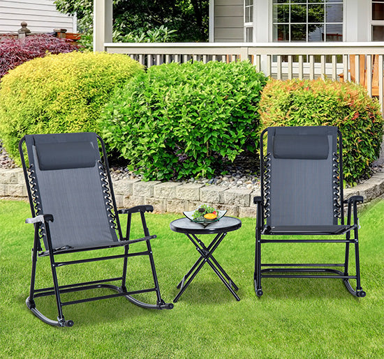 Outsunny 3 Piece Outdoor Rocking Chair Patio Table Seating Set Rocker Bistro Sling Mesh Lounger Coffee Desk Grey | Aosom Canada