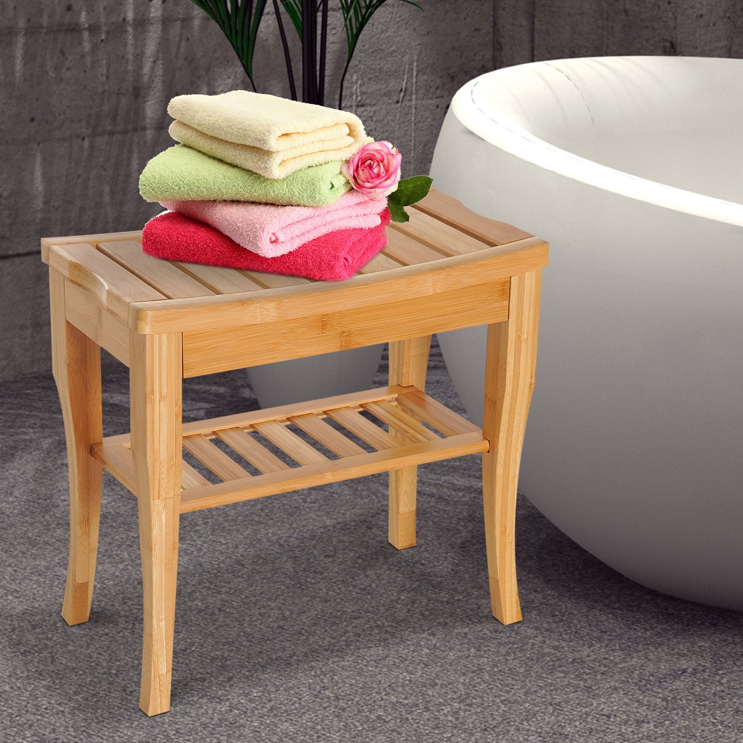 HOMCOM 20" Bamboo Shower Bench Bathroom Stool Spa Bath Seat Organizer Storage Shelf | Aosom Canada