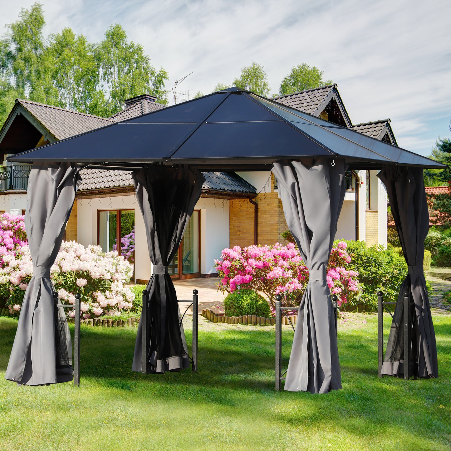 Outsunny 10' x 10' Patio Garden PC Board Aluminum Hardtop Gazebo Party Wedding Marquee Tent with Curtains and Netting - Black | Aosom Canada