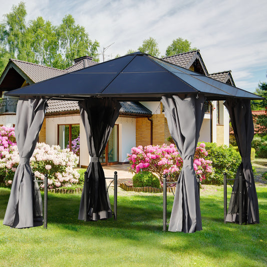 Outsunny 10' x 10' Patio Garden PC Board Aluminum Hardtop Gazebo Party Wedding Marquee Tent with Curtains and Netting - Black | Aosom Canada