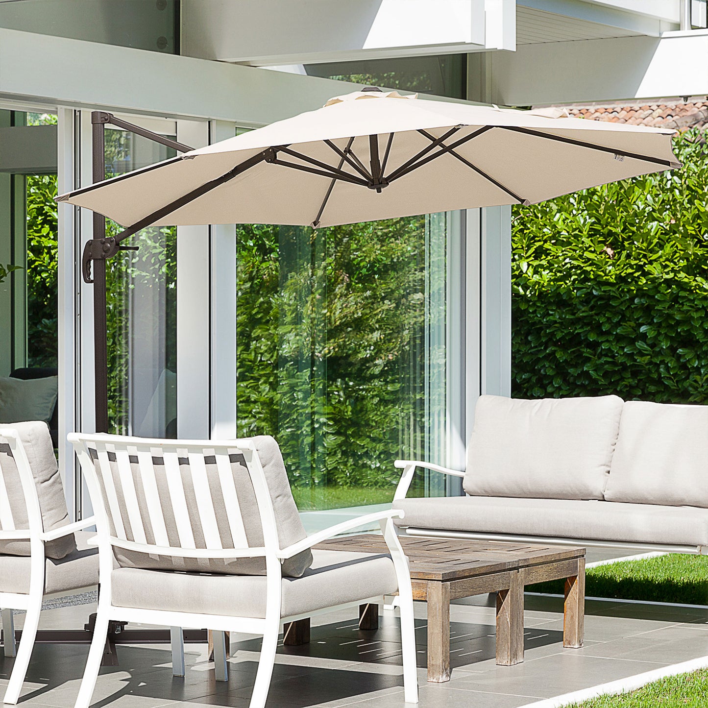 Outsunny Φ10' Cantilever Umbrella Round Hanging Aluminium Patio Crank Deck 360° Rotatable Garden Offset Parasol, Cream White | Aosom Canada