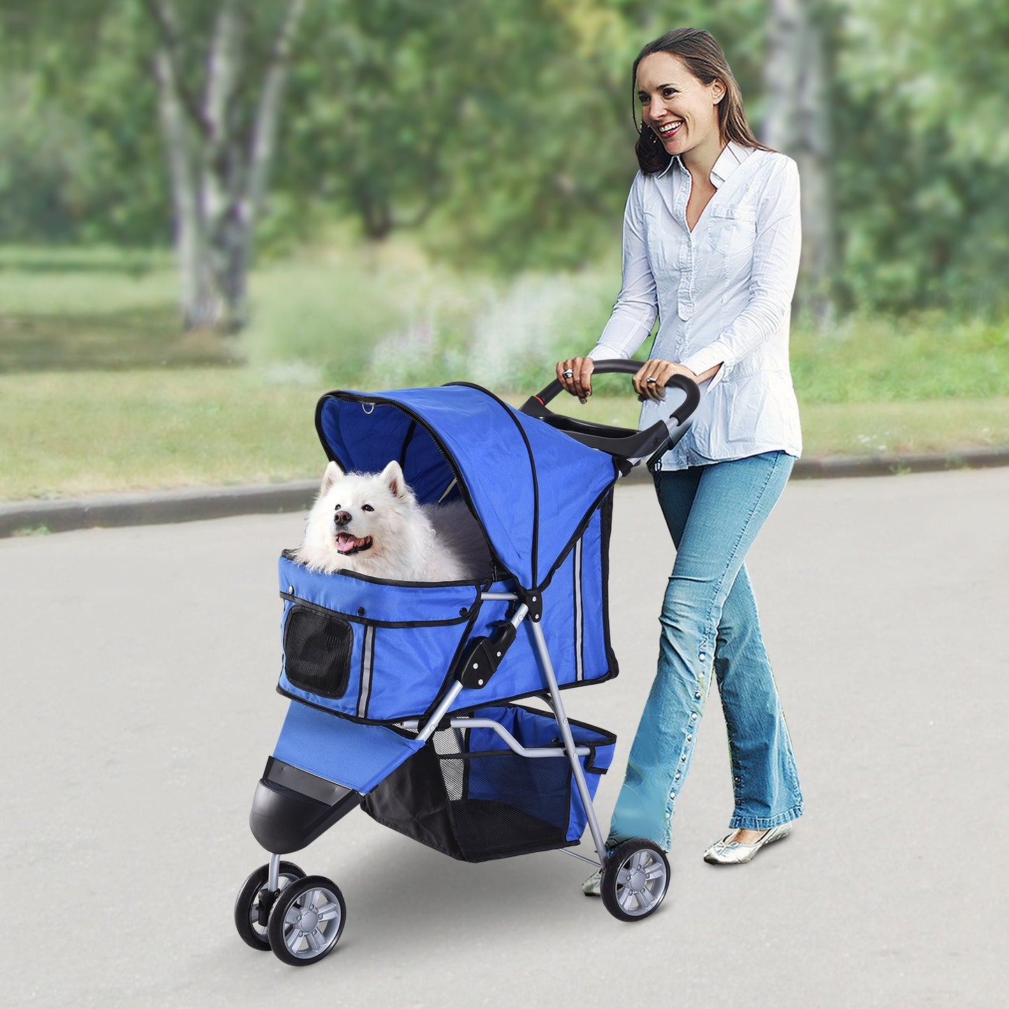 PawHut 3 Wheels Pet Stroller Foldable Carrier Jogging Stroller with Brake, Canopy, Cup Holders and Bottom Storage Space (Blue) | Aosom Canada
