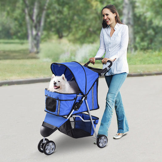 PawHut 3 Wheels Pet Stroller Foldable Carrier Jogging Stroller with Brake, Canopy, Cup Holders and Bottom Storage Space (Blue) | Aosom Canada