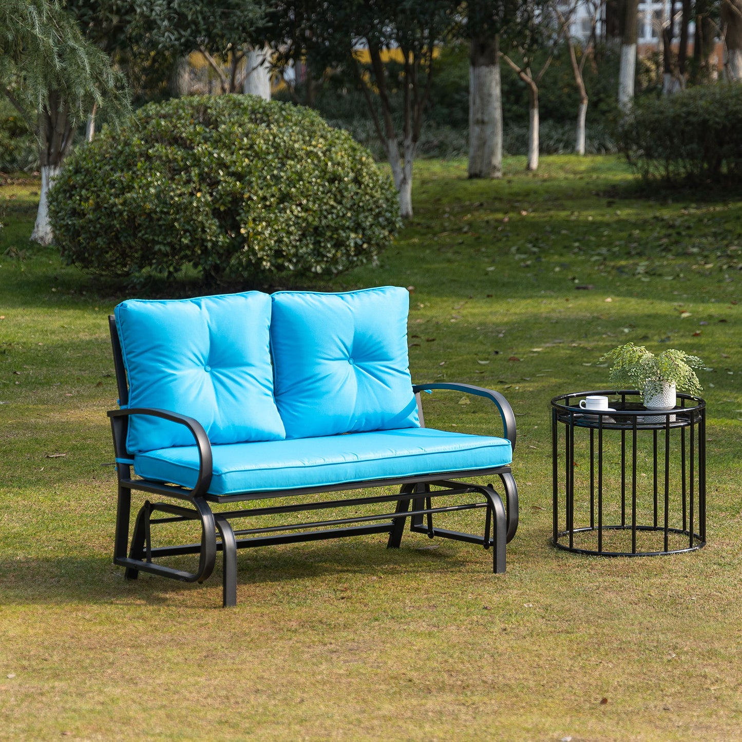Outsunny 2-Person Outdoor Glider Chair, Patio Double Rocking Loveseat with Steel Frame & Cushions, Blue | Aosom Canada