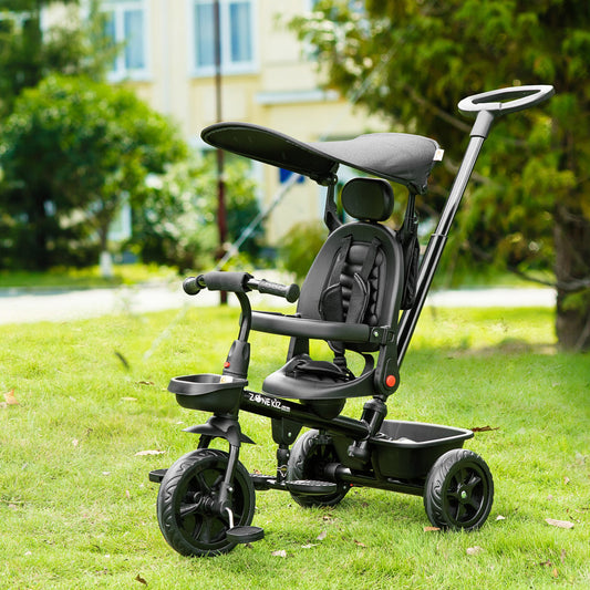 Qaba Baby Tricycle 4 In 1 Stroller w/ Reversible Angle Adjustable Seat Removable Handle Canopy Handrail Belt Storage  Black | Aosom Canada