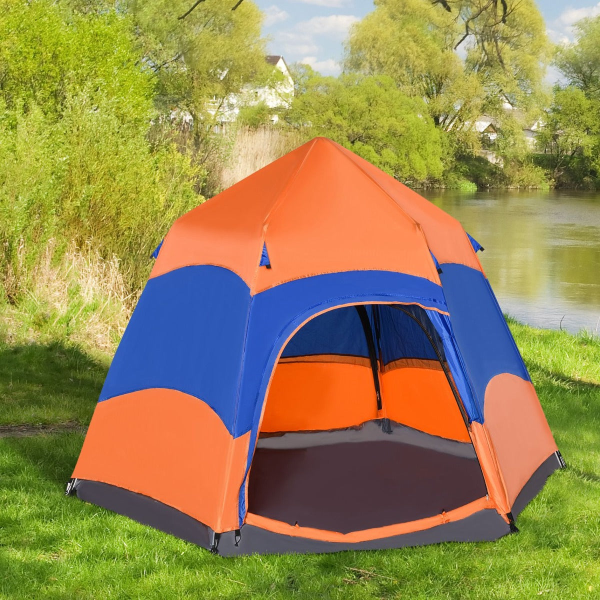 Outsunny 5-6 people Hexagon Double Layer Camping Tent Portable Easy Pop Up | Aosom Canada