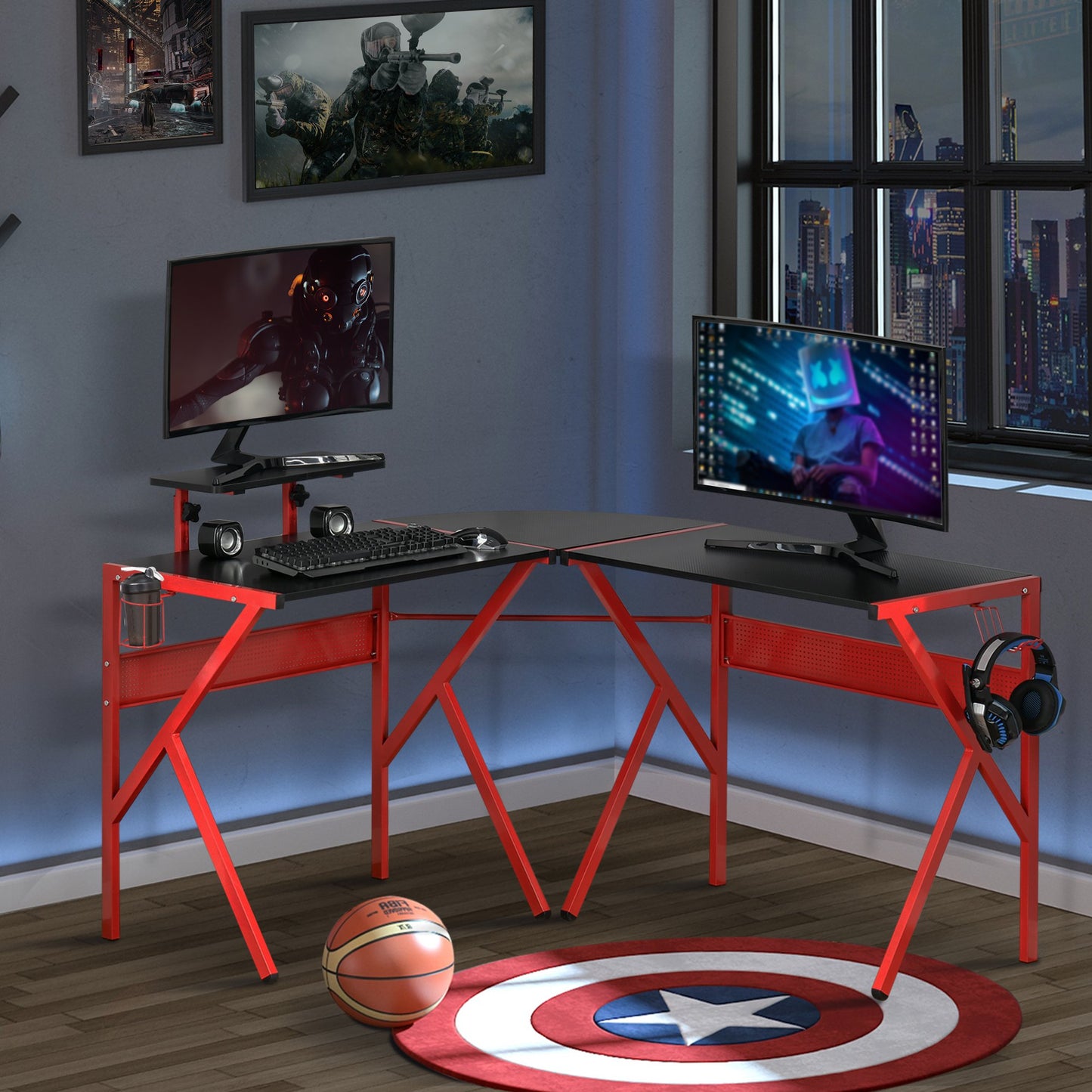 HOMCOM Gaming Desk L-Shaped Corner Computer Table for Home Office PC Workstations with Adjustable Monitor Stand Cup Holder Red | Aosom Canada