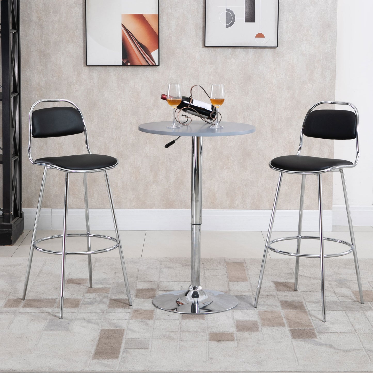 HOMCOM Height Bar Stools Set of 2, Classic PU Leather Bar Chairs for Counter Kitchen with Backrest and Footrest, Black | Aosom Canada
