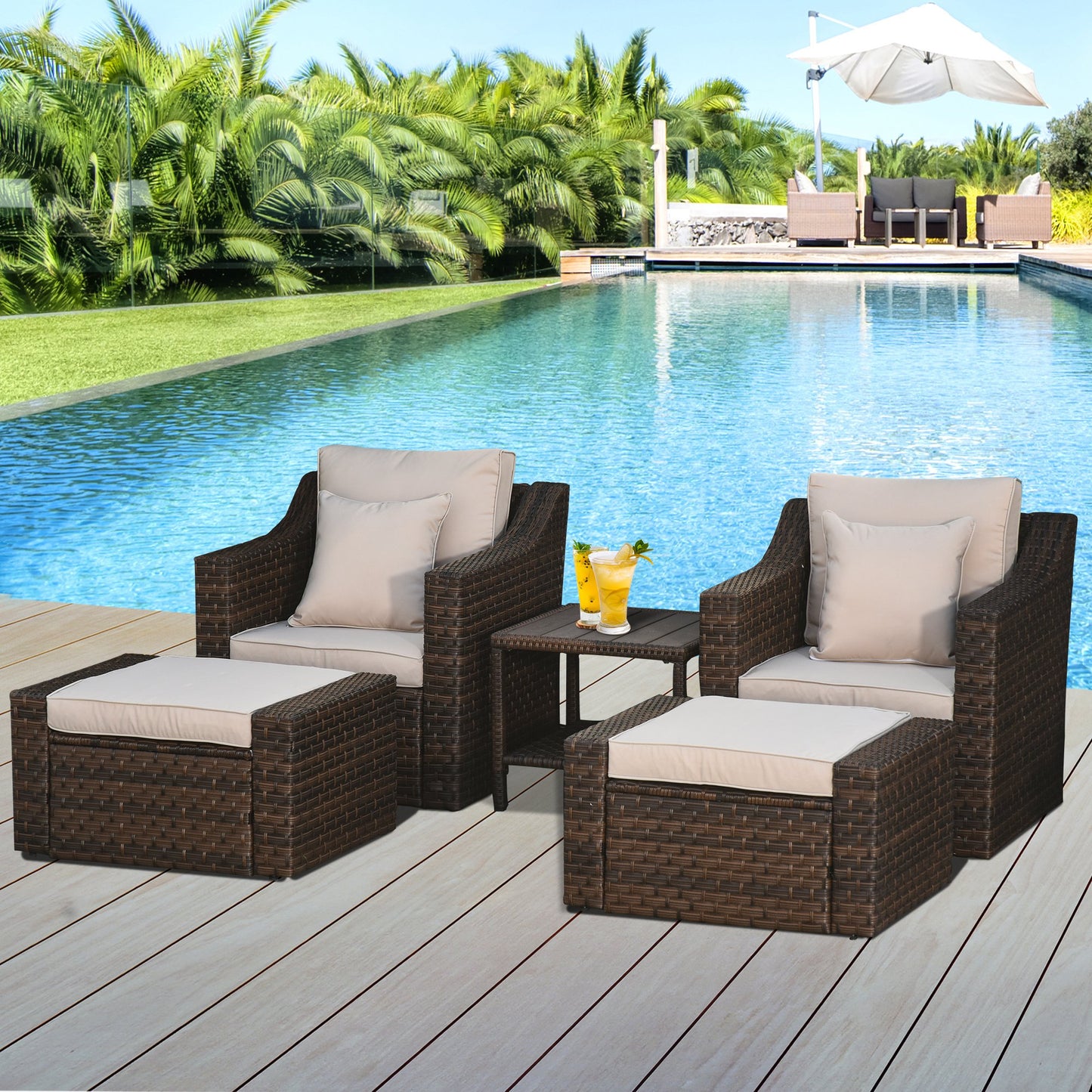 Outsunny 5-Piece Outdoor Rattan Wicker Conversation Set Patio Furniture with 2 Cushioned Chairs 2 Ottomans and Coffee Table | Aosom Canada