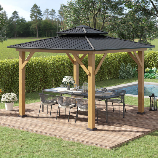 Outsunny 12' x 12' Wood Frame Hardtop Gazebo Galvanized Steel Canopy Outdoor Shelter with Double Vented Roof, Black | Aosom Canada