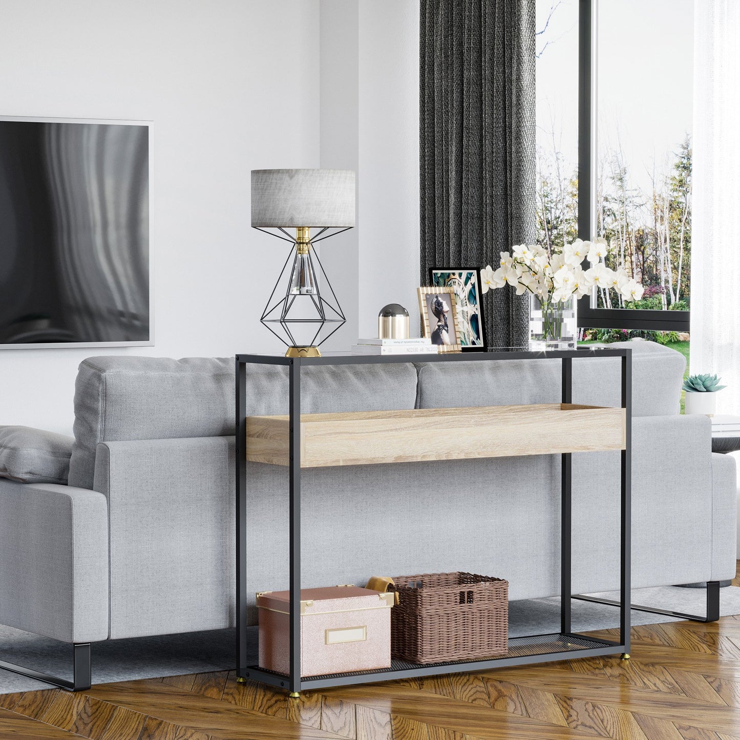 HOMCOM Industrial Narrow Console Table, Sofa Table, Hallway Table with Storage Shelf, Tempered Glass Top and Steel Frame | Aosom Canada