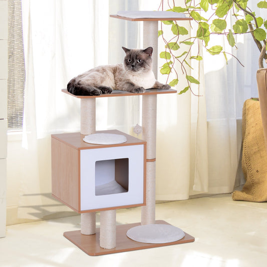 Pawhut Cat Climber Wooden Cat Tree 47" Premium Wood Cat Condo Scratching Post Kitten Activity Center W/ Cushions Pet Furniture | Aosom Canada