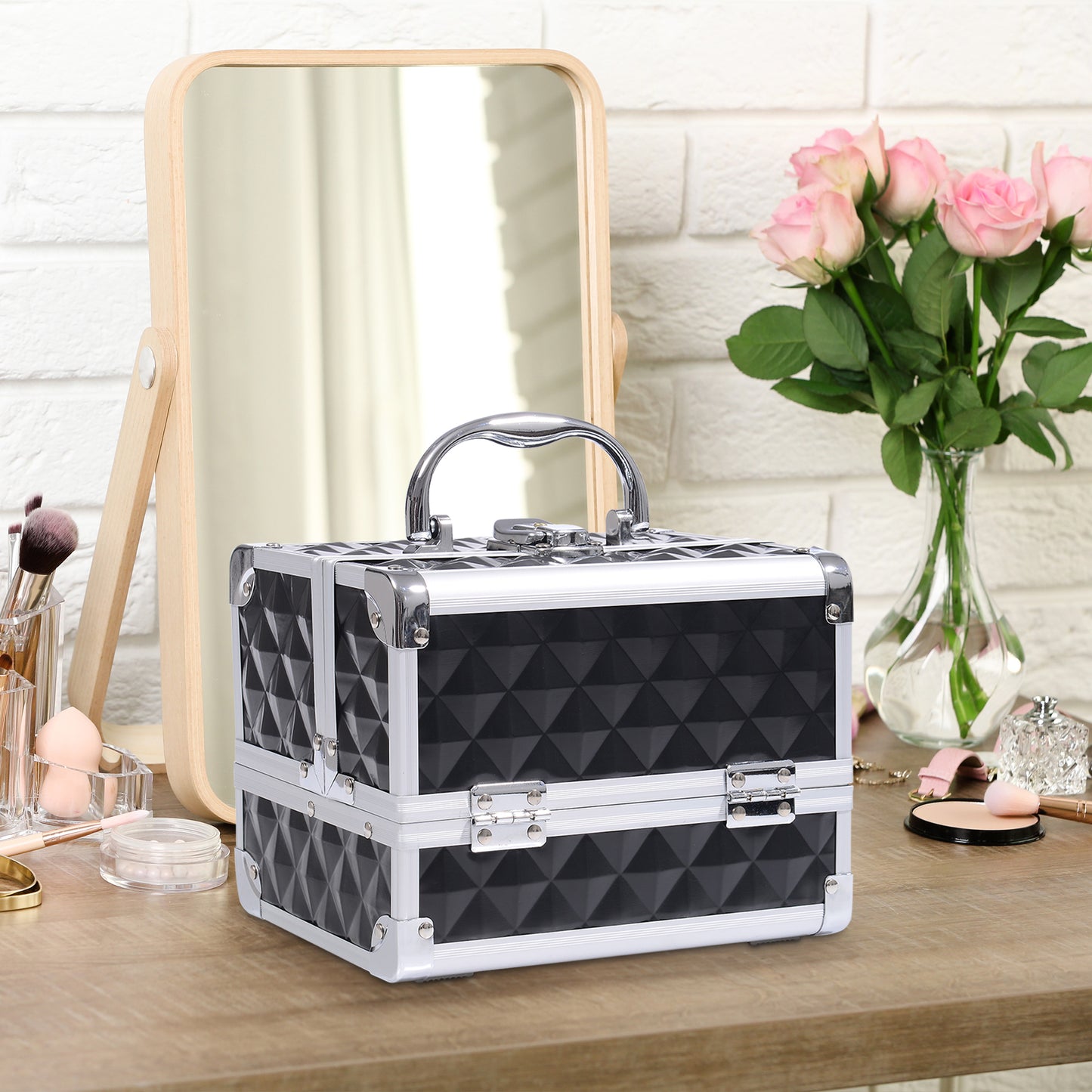 HOMCOM 3 Tier Diamond Texture Makeup Train Case Cosmetic Organizer with Mirror, Black | Aosom Canada