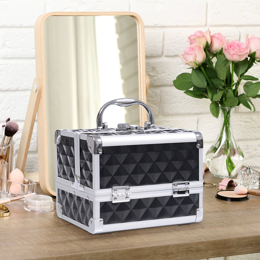 HOMCOM 3 Tier Diamond Texture Makeup Train Case Cosmetic Organizer with Mirror, Black | Aosom Canada
