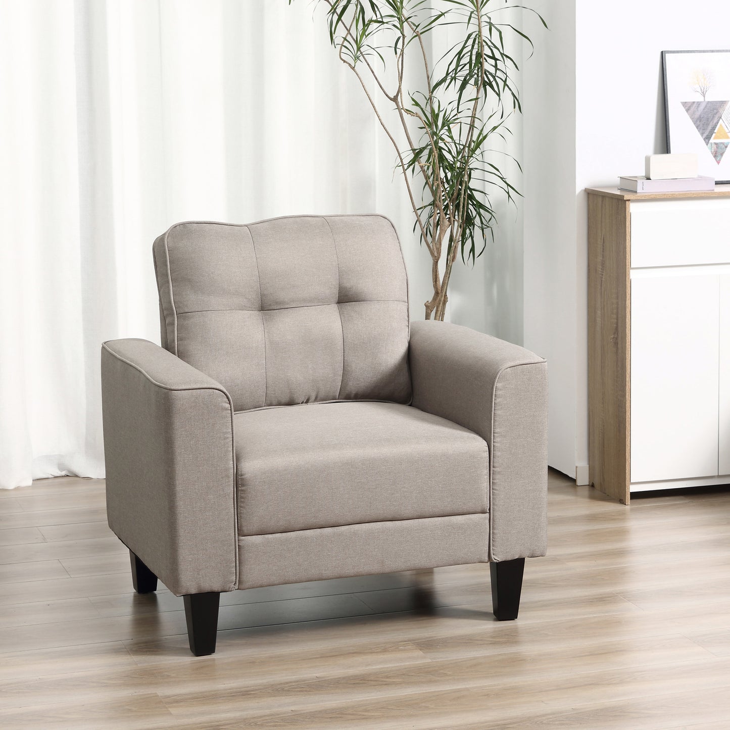 HOMCOM Button Tufted Armchair Modern Single Sofa Chair Upholstered Accent Chair with Rubber Wood Legs and Thick Padding Mid-Back, Beige | Aosom Canada