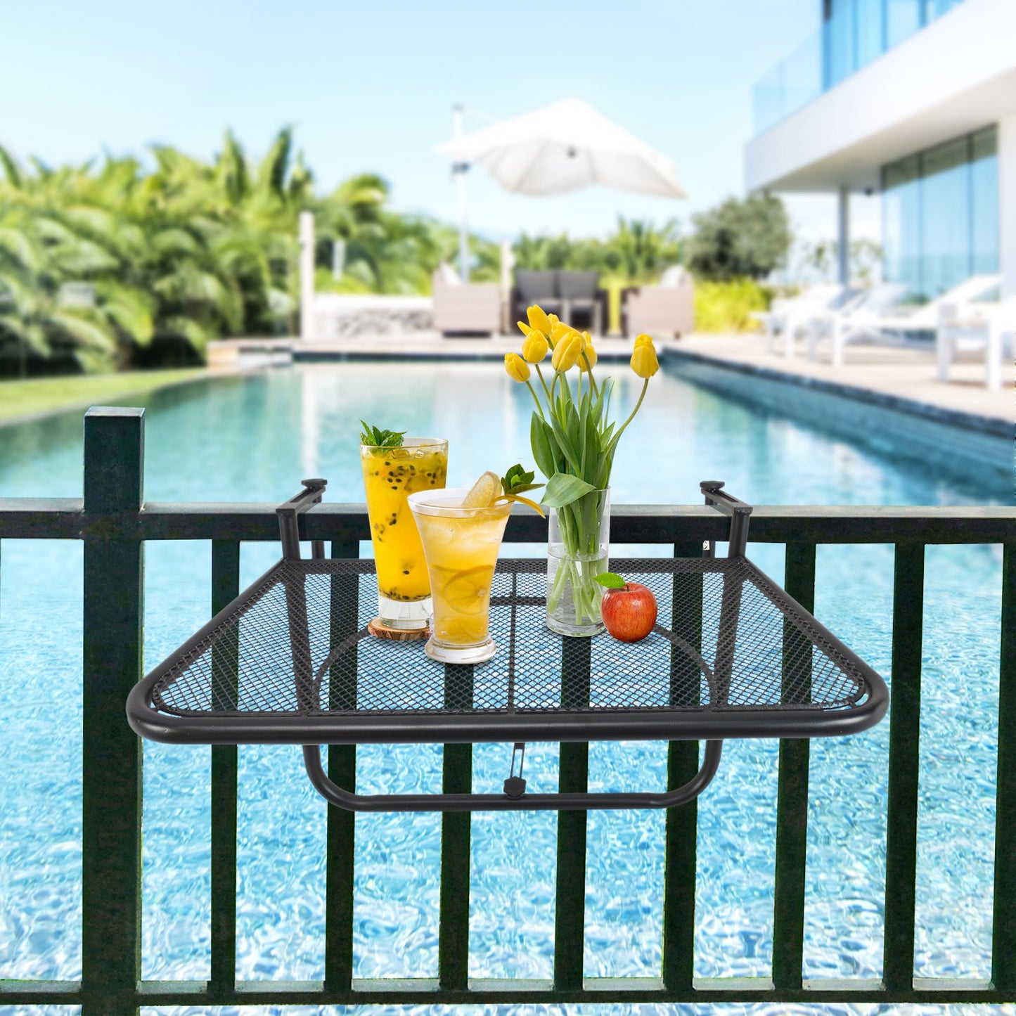 Outsunny Adjustable Balcony Hanging Rail Table Metal Mounting Mini Wall Desk Outdoor Flower Stand Serving Drink Holder Rectangle Black | Aosom Canada