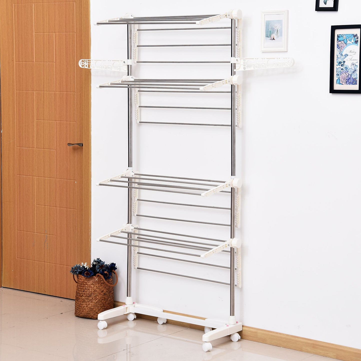 HOMCOM laundry drying rack Rolling Foldable Clothes Drying Rack Heavy-Duty Towel Holder w/ 4 Layers Stainless Steel Hanging Rods | Aosom Canada