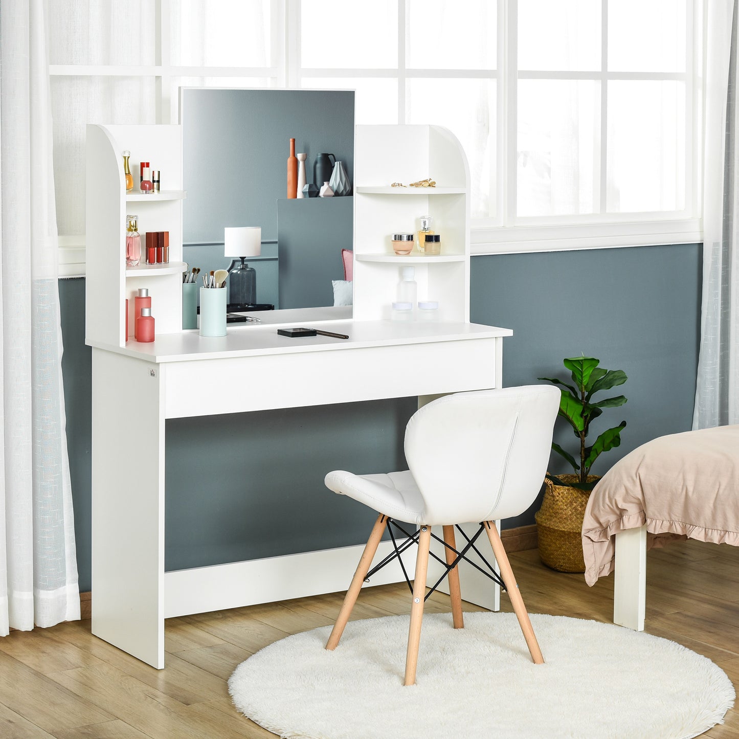 HOMCOM Vanity Table Wood Dressing Table w/ Makeup Mirror, Big Drawers, Open Shelf for Bedroom White | Aosom Canada