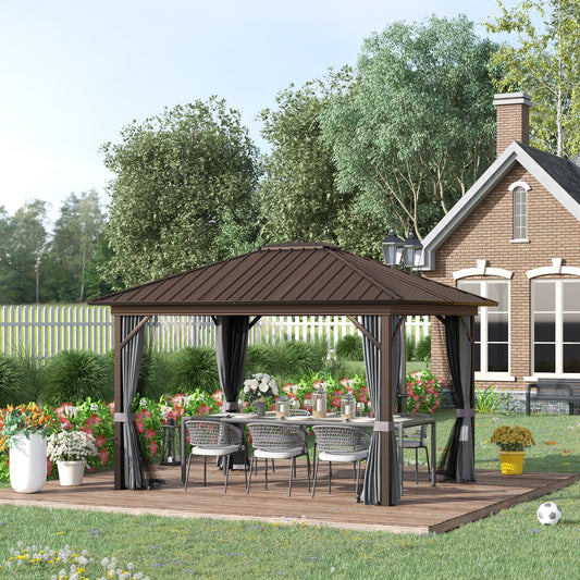 Outsunny 10' x 12' Outdoor Hardtop Gazebo Metal Roof Patio Gazebo with Aluminum Frame, Mesh Nettings, Curtains, Dark Grey | Aosom Canada