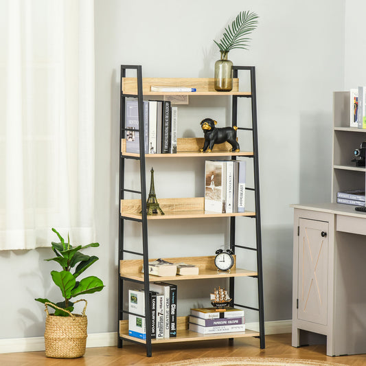 HOMCOM Modern Bookshelf Storage with 5-Tier Wide Shelving, Metal Frame, Wooden Bookcase for Living Room Library Home Furniture, Oak | Aosom Canada