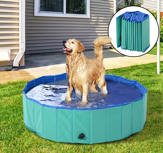PawHut Folding PVC Dog Bath Pool Portable Pet Kiddie Swimming Pool, Outdoor/Indoor Puppy Bath Tub, Φ63", Green/Blue | Aosom Canada