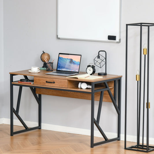 HOMCOM 47.25 Inches Home Office Computer Writing Desk, Corner Workstation with Steel Leg, Drawer and Storage Shelf, Brown and Black | Aosom Canada