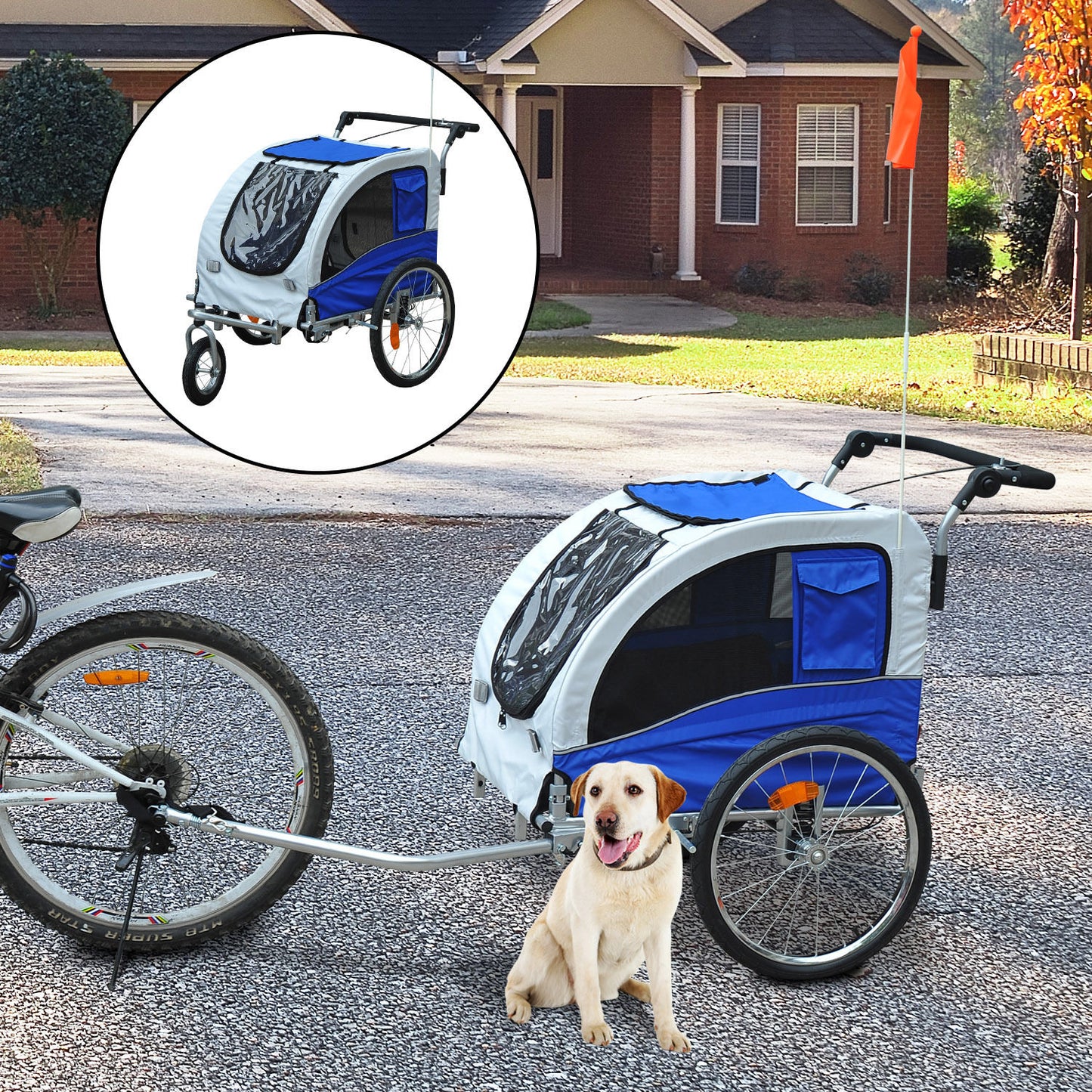 PawHut dog bike trailer 2-in-1 Pet Jogging Stroller Carrier w/ Drawbar Hitch Brake Blue / Grey | Aosom Canada