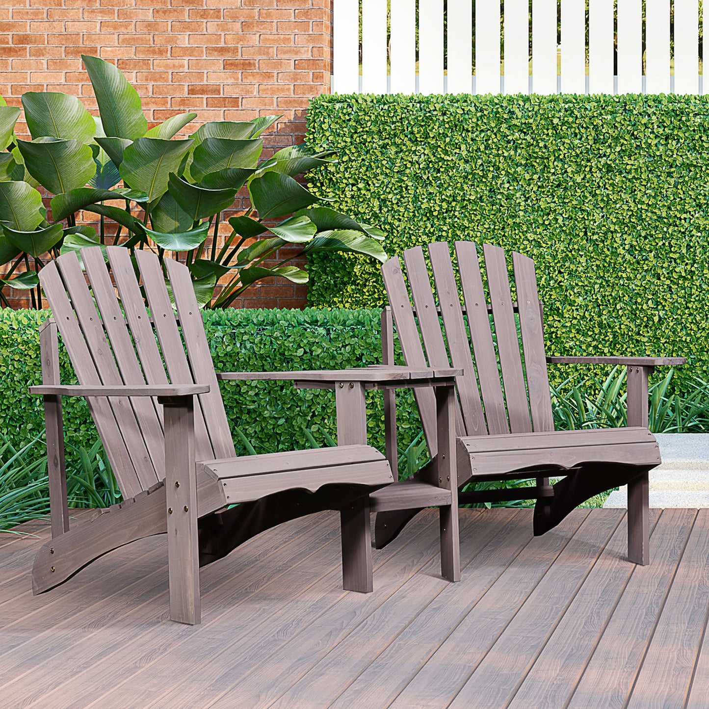 Outsunny 2 piece Pair Adirondack Chair Outdoor  Patio Porch Tete-A-Tete Bench w/ Middle Table Reclined Wooden Umbrella hole Grey | Aosom Canada