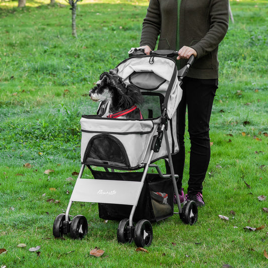 PawHut Pet Stroller 4 Wheels Jogging Stroller w/ Cup Holder, Basket, 360 ° swiveling front wheels, One Push Button-Fold, Grey | Aosom Canada