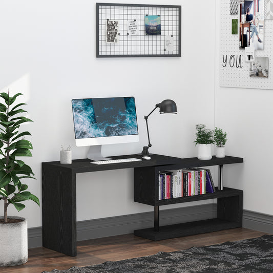 HOMCOM L-Shaped Desk, 360° Rotating Computer Corner Desk, Home Office Writing Table Workstation with Storage Shelf, Black | Aosom Canada