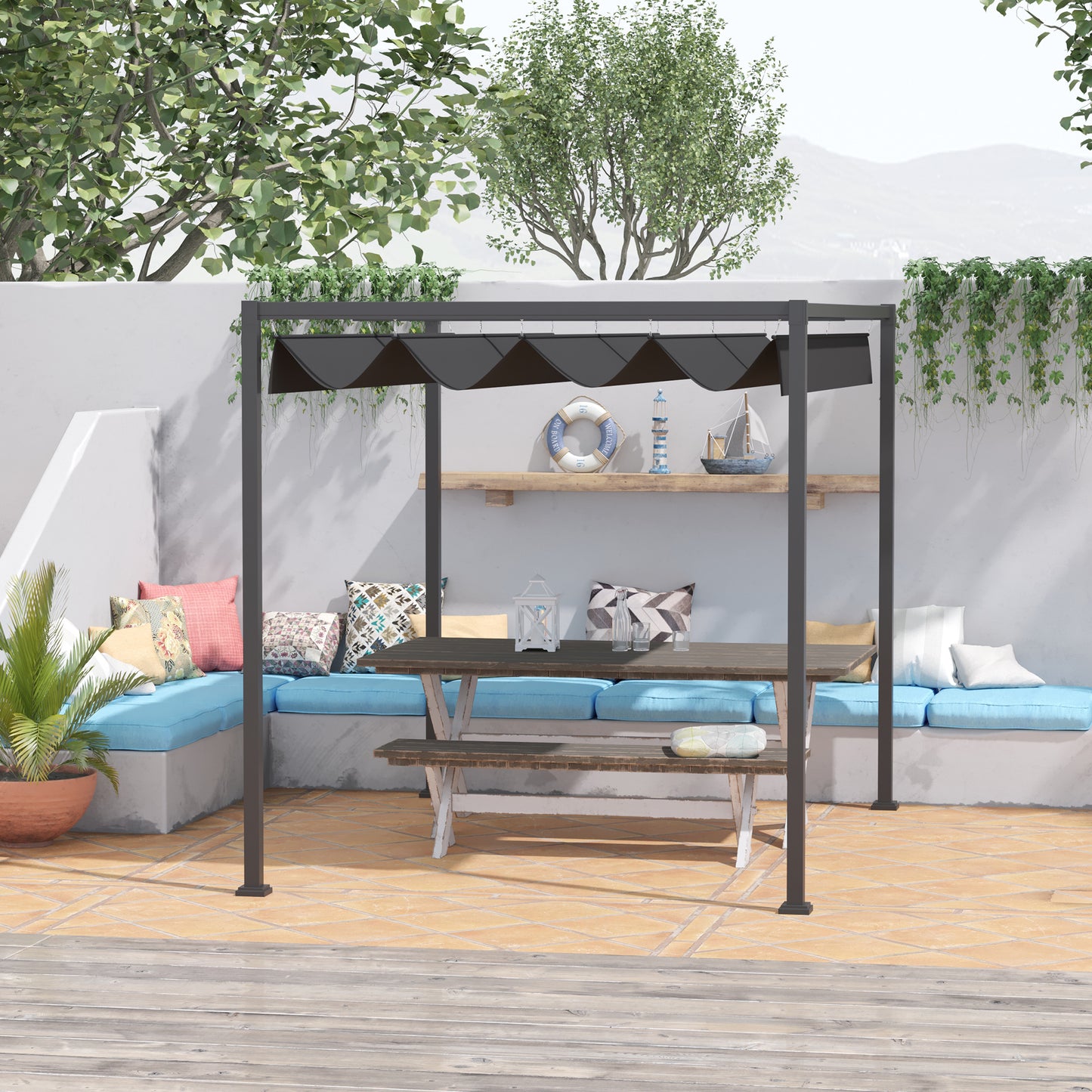 Outsunny 10 x 7ft Metal Frame Pergola Gazebo with Retractable Canopy Outdoor Patio Sun Shelter Garden Grape Tent, Black | Aosom Canada