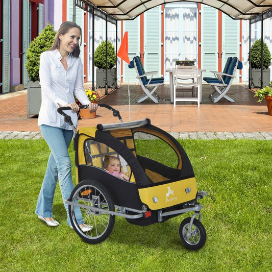 Aosom Double Child Bike Trailer Carrier Bicycle Trailer Foldable Black & Yellow | Aosom Canada