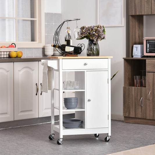 HOMCOM Kitchen Cart, Coffee Bar Cart on Wheels, Wood Top Small Kitchen Island with Storage Cabinet, Drawer, and Shelf, White | Aosom Canada