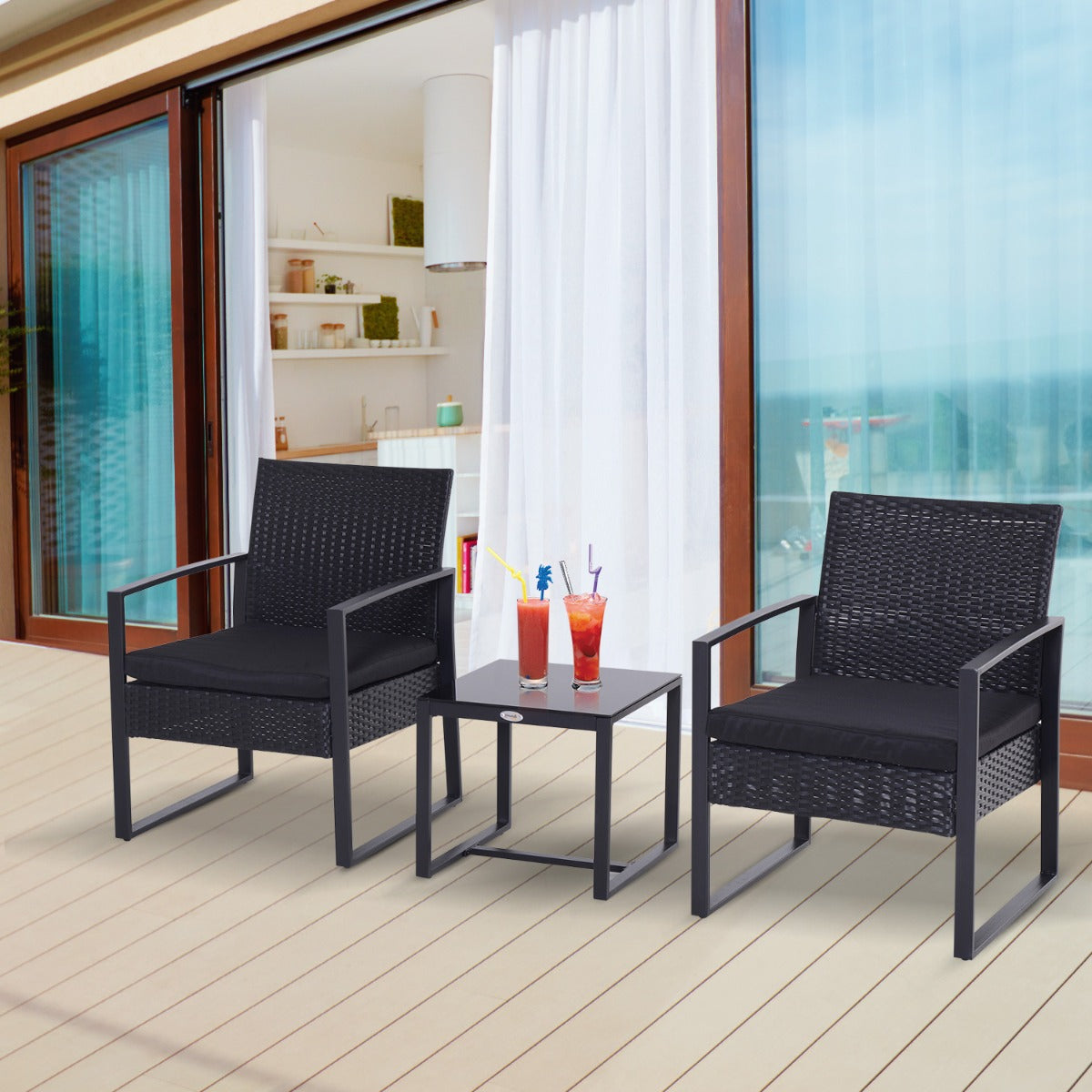Outsunny 3pc Patio Rattan Wicker Coffee Table Set Outdoor Garden Chair Table Set w/ Cushion Black | Aosom Canada