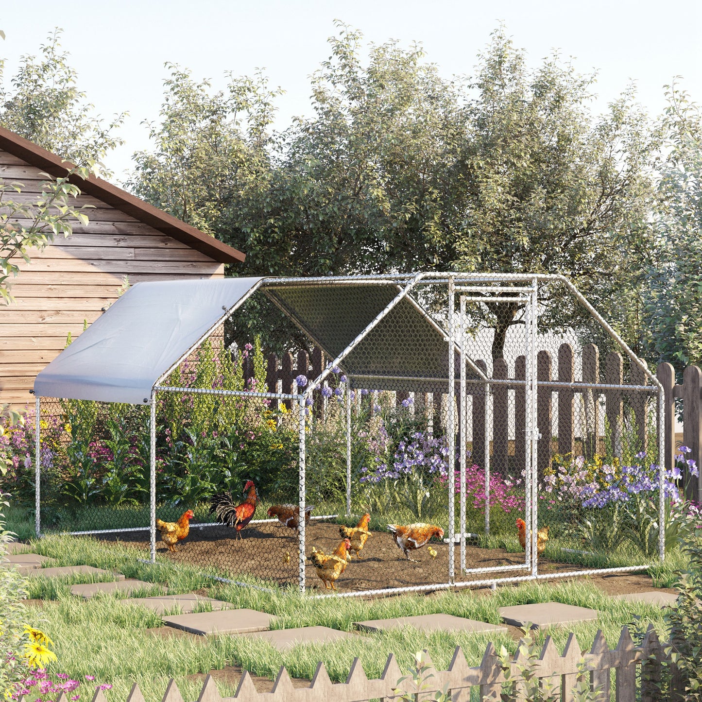 PawHut 150" Chicken Coop Galvanized Hen House Large Rabbit Hutch Poultry Cage Pen Outdoor Backyard Enclosure With UV-Protection Cover | Aosom Canada