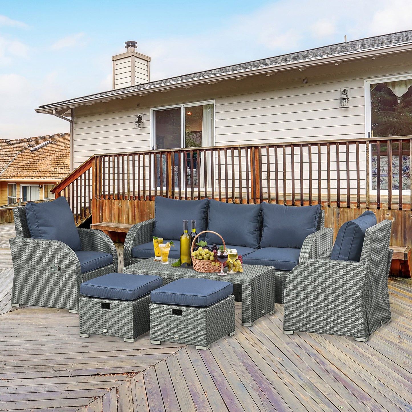 Outsunny 6 Pieces Patio Wicker Sofa Sets, Outdoor Sectional Furniture Set, Include 3-Seat Sofa, 2 Adjustable Recliners, Blue | Aosom Canada