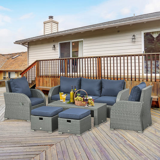 Outsunny 6 Pieces Patio Wicker Sofa Sets, Outdoor Sectional Furniture Set, Include 3-Seat Sofa, 2 Adjustable Recliners, Blue | Aosom Canada