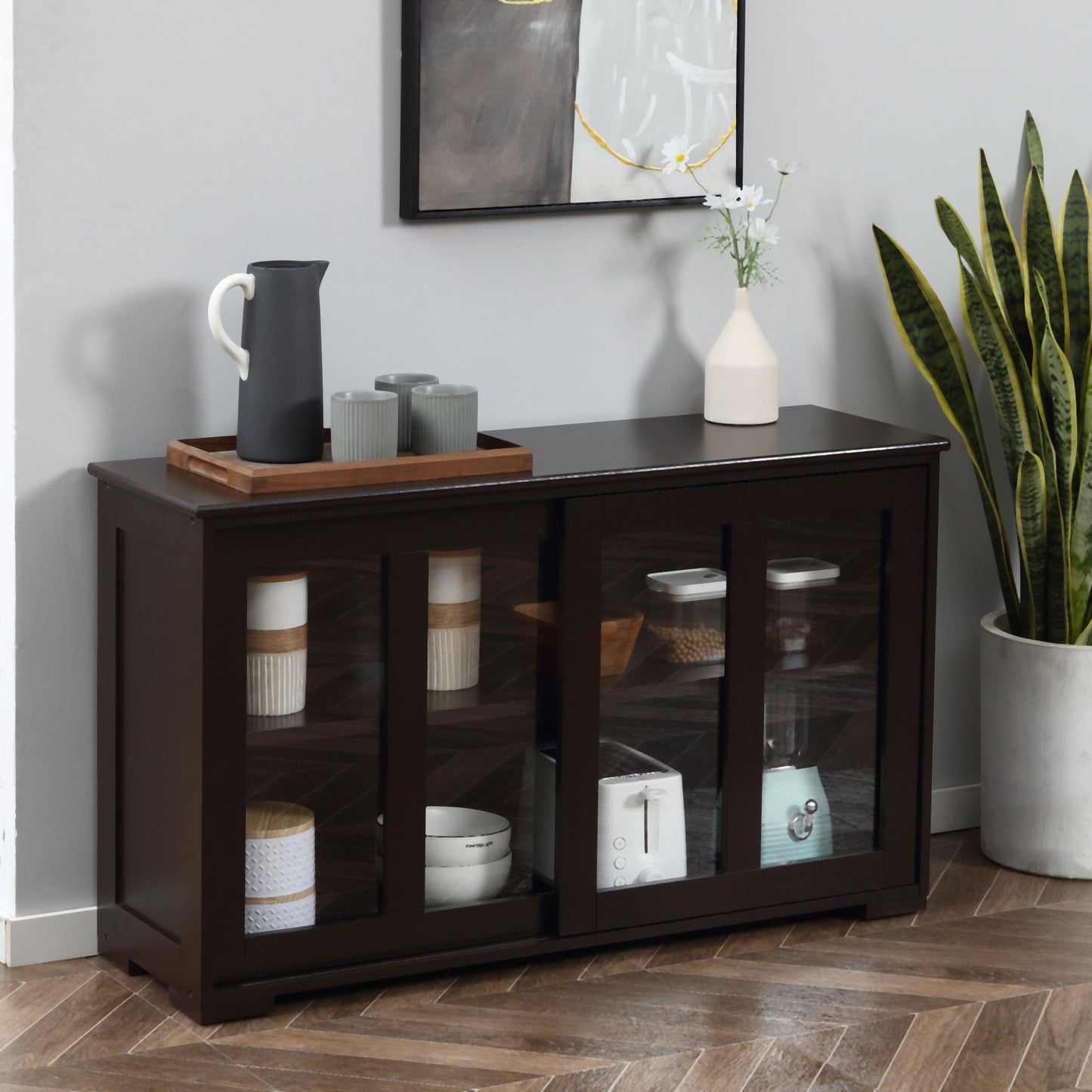 HOMCOM Modern Kitchen Sideboard, Stackable Storage Cabinet, Sliding Glass Door Console, Cupboard Serving Buffet for Kitchen & Dining Room, Coffee | Aosom Canada